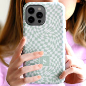 Coques Case-Mate iPhone Vert sauge monogrammé à carreaux ondulés
