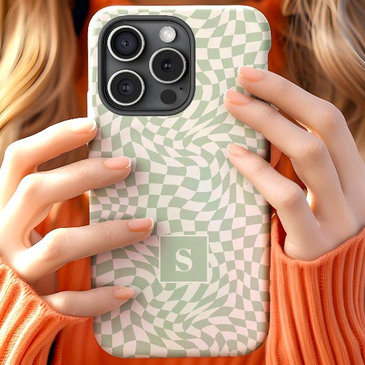 Coques Case-Mate iPhone Vert Sauge Vague Damier Monogrammé