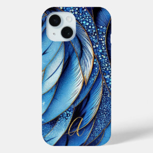 Coque Pour iPhone 15 Vibrant Sapphire Bleu Plumes d'or Monogrammé
