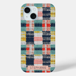 Coque Pour iPhone 15 Vibrant tissé plaid - Retro Boho À damiers Motif