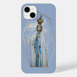 Coque Pour iPhone 14 Plus Vierge Marie Catholique Ciel Bleu & Or