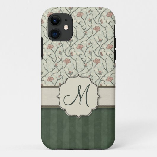 Coques Case-Mate iPhone Vignes florales, rayures et monogramme d'aquarelle (Dos)