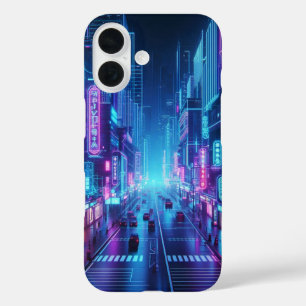 Coques iPhone 16 ville futuriste de néon
