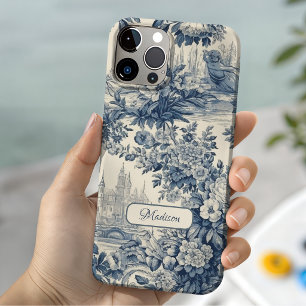 Coque Pour iPhone 14 Vintage chic floral Bleu toile de jouy monogramme