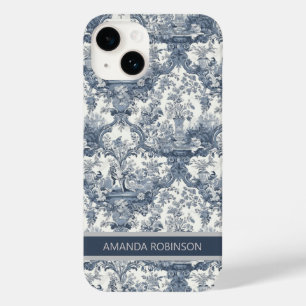 Coque Pour iPhone 14 Vintage damas à fleurs Bleu toile de jouy monogram