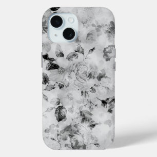 Coque Pour iPhone 15 Vintage élégant noir et blanc roses florales