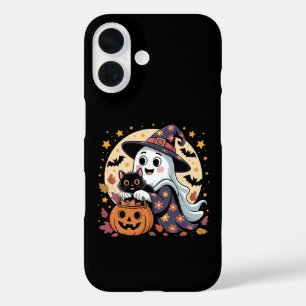 Coques iPhone 16 Vintage Fantôme d'Halloween tenant un chat noir Su