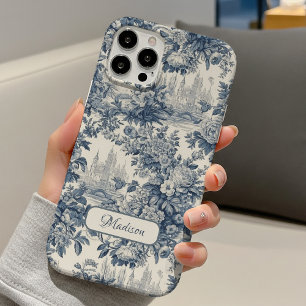 Coques iPhone 16 Vintage floral chic Blue toile de Jouy monogramme