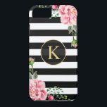 Coques Pour iPhone Vintage Floral Monogramme noir blanc rayé<br><div class="desc">Décorez votre iPhone en style avec ce &quot personnalisé ; Monogramme Vintage Floral noir blanc striped&quot ; coque unique ! Vous pouvez le customiser avec votre nom ou votre texte sur cette conception. Si vous avez besoin d'une personnalisation plus poussée, cliquez sur le bouton &quot ; Personnaliser it&quot ; et...</div>