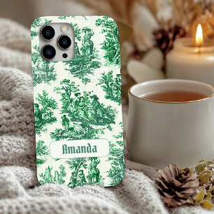 Coque Pour iPhone 14 Vintage Green Toile Jouy Floral Monogramme Françai