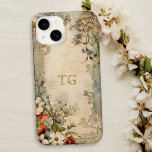 Coque Pour iPhone 14 Vintage Grunge Artisan Monogramme Botanique<br><div class="desc">Artistic vintage style écarlate,  fleurs blanches et bleues poussiéreuses avec sauge et feuillage brun sur parchemin artisan en détresse avec champ de texte optionnel pour votre nom ou monogramme.</div>