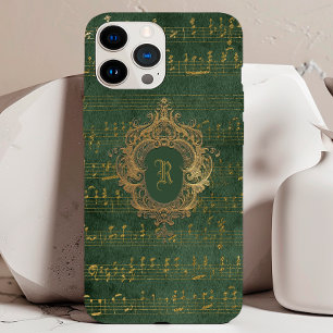 Coque Pour iPhone 15 Vintage Monogram Crest Music Manuscrit Vert Or