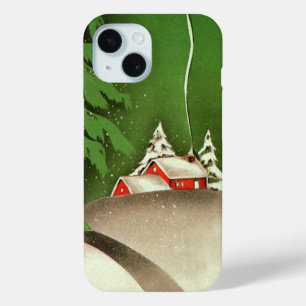 Coque Pour iPhone 15 Vintage Noël, Maison en Forêt Neige d'hiver