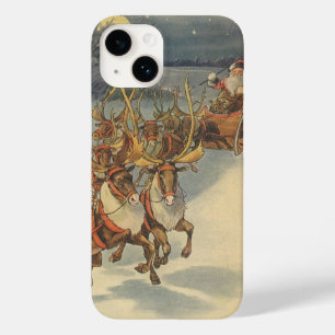 Coque Pour iPhone 14 Vintage Noël Père Noël Sleigh avec Reindeer
