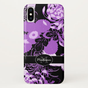 Coques Pour iPhone Vintage noir fleurs violettes oiseaux Monogramme