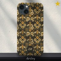Vintage Noir Jaune Motif Floral Abeilles Initiales