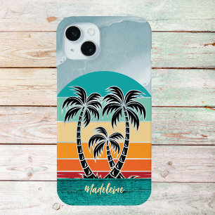 Coque iPhone 15 Mini Vintage Palm Tree Silhouette Beach Sunset Monogram