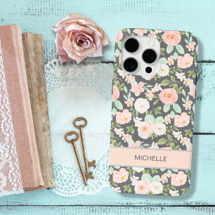 Coque iPhone 15 Pro Max Vintage Pastel Rose & Mint Floral Chic Avec Nom