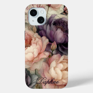 Coque Pour iPhone 15 Vintage Peonies in Pink and Purple Personalized 
