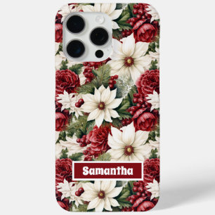 Coque iPhone 15 Pro Max Vintage Rustique Fleurs de Noël Feuille Motif