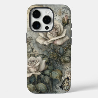 Coques iPhone 16 Pro Vintage Shabby Chic White Rose and Butterfly