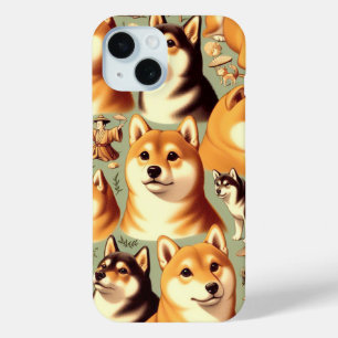 Coque Pour iPhone 15 Vintage Shiba Inu Motif sans couture