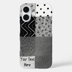 Coques iPhone 16 vintage style fun patchwork carré noir blanc