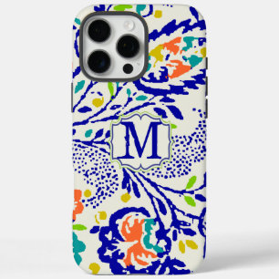 Coques iPhone 16 Pro Max Vintage Vert Bleu Jaune Orange Floral Monogramme