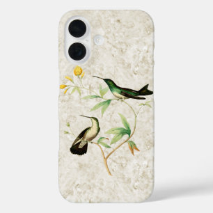 Coques iPhone 16 Vintage vert Colibri Fleurs Jaunes