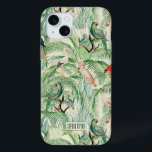 Coque iPhone 15 Mini Vintages feuilles des oiseaux tropicaux et des pal<br><div class="desc">Beaux oiseaux tropicaux vintages aux couleurs vives,  feuilles luxuriants de palmiers verts,  et un arrière - plan beige doux et chaleureux.</div>