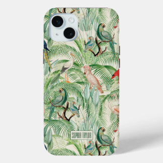 Coque iPhone 15 Mini Vintages feuilles des oiseaux tropicaux et des pal