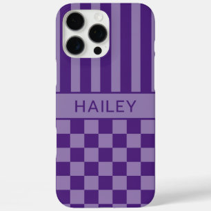 Coques iPhone 16 Pro Max Violet à carreaux rayé personnalisé
