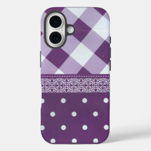 Coques iPhone 16 Violet blanc À damiers Polka Dot Floral Damask Art
