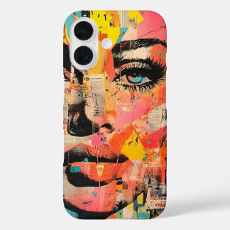 Coques iPhone 16 Visage d'art pop rétro sur papier journal