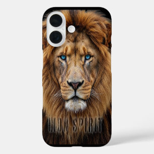 Coques iPhone 16 Visage de lion majestueux aux yeux bleus Faune A
