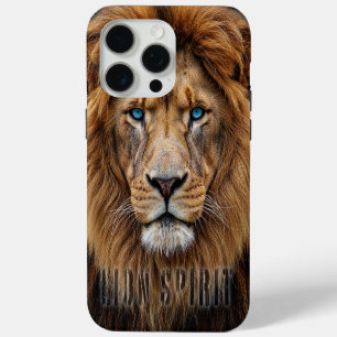 Coque iPhone 15 Pro Max Visage majestueux de lion aux yeux bleus Faune A