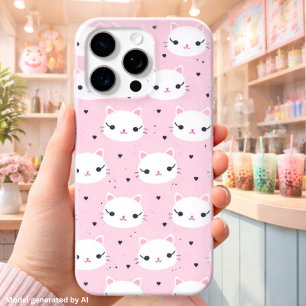 Coque iPhone 15 Pro Max Visages de Chat Kawaii avec des Cœurs – Motif Rose