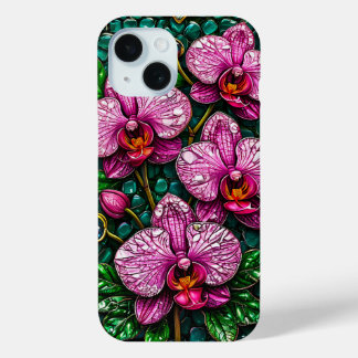 Coque Pour iPhone 15 Vitraux aux orchidées roses