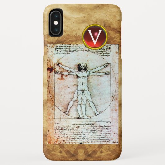 Coques Case-Mate iPhone VITRUVIAN MAN Parchemin antique Rouge Ruby Monogra (Dos)