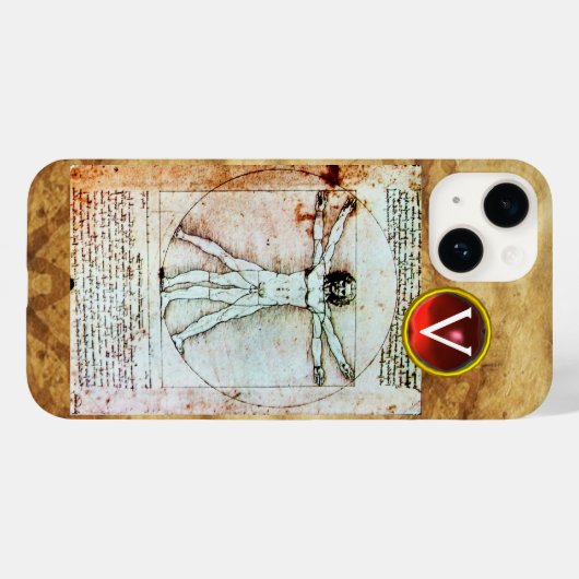 Coques Case-Mate iPhone VITRUVIAN MAN Parchemin antique Rouge Ruby Monogra (Verso (horizontal))