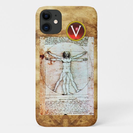 Coques Case-Mate iPhone VITRUVIAN MAN Parchemin antique Rouge Ruby Monogra (Dos)