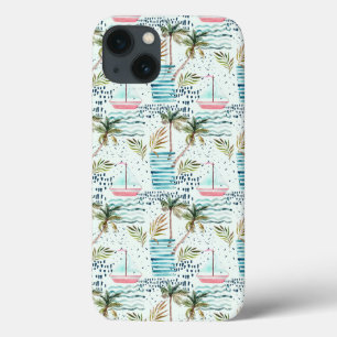 iPhone 13 Coque Voilier d'aquarelle avec le motif de palmier