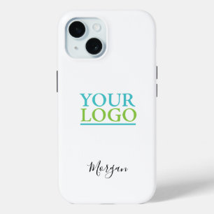 Coque Pour iPhone 15 Votre logo/art/photo, nom en script noir, blanc