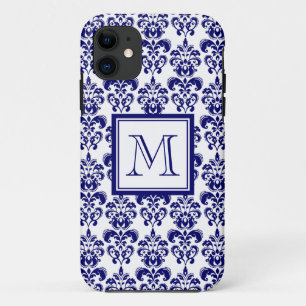 Coque Case-Mate Pour iPhone Votre monogramme, motif 2 de damassé de bleu