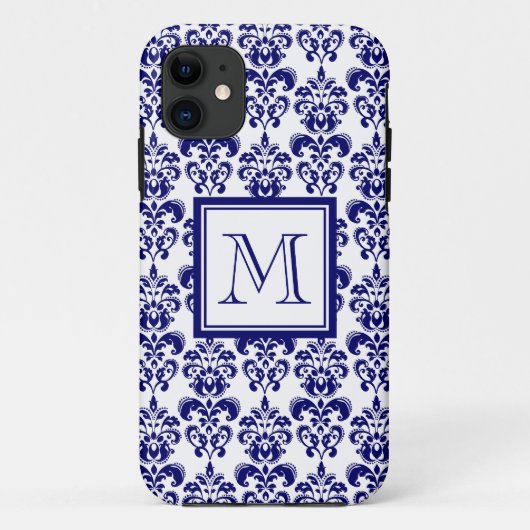 Coques Case-Mate iPhone Votre monogramme, motif 2 de damassé de bleu (Dos)