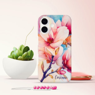 Coques iPhone 16 Votre nom Élégant Magnolia Rose Fleurs