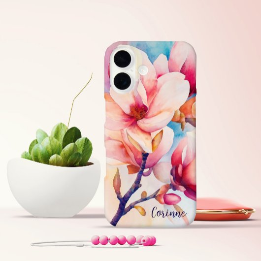 Coques Case-Mate iPhone Votre nom Élégant Magnolia Rose Fleurs