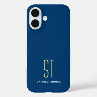 Coques iPhone 16 Votre nom moderne clair simple bleu jaune monogram
