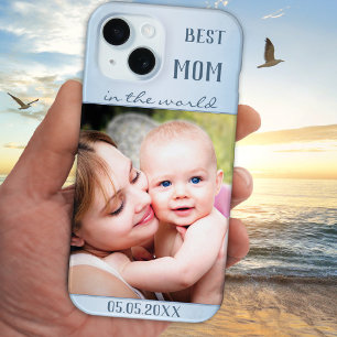 Coque Pour iPhone 15 Votre Photo Dusty Blue Best Mom Téléphone Case