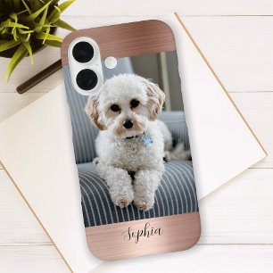 Coques iPhone 16 Votre photo, métal de rose faux et nom en écriture